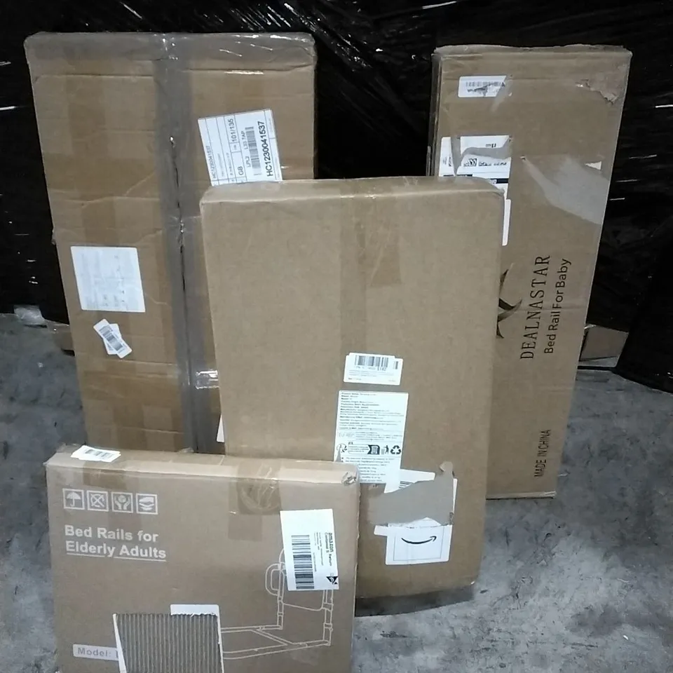 PALLET OF HOUSEHOLD ITEMS TO INCLUDE BED RAIL FOR ELDERLY, PET ROLLING CARRIER, BED RAIL FOR BABY, POTS AND PANS ORGANISER RACK AND OTHER ASSORTED ITEMS...
