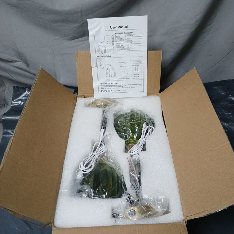 2 X METAL AND GREEN GLASS WALL LIGHTS WITH INSTRUCTIONS. BOXED