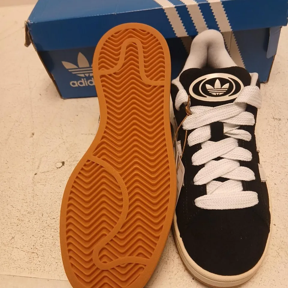 ADIDAS CAMPUS SNEAKERS – BLACK SUEDE WITH WHITE STRIPES, UK 5.5