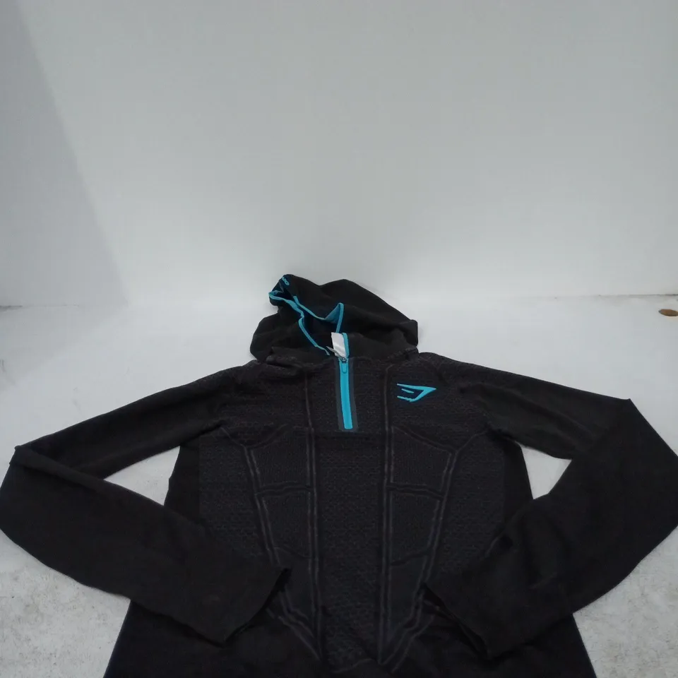 GYMSHARK HOODED TOP – BLACK WITH TEAL ZIP, SIZE L