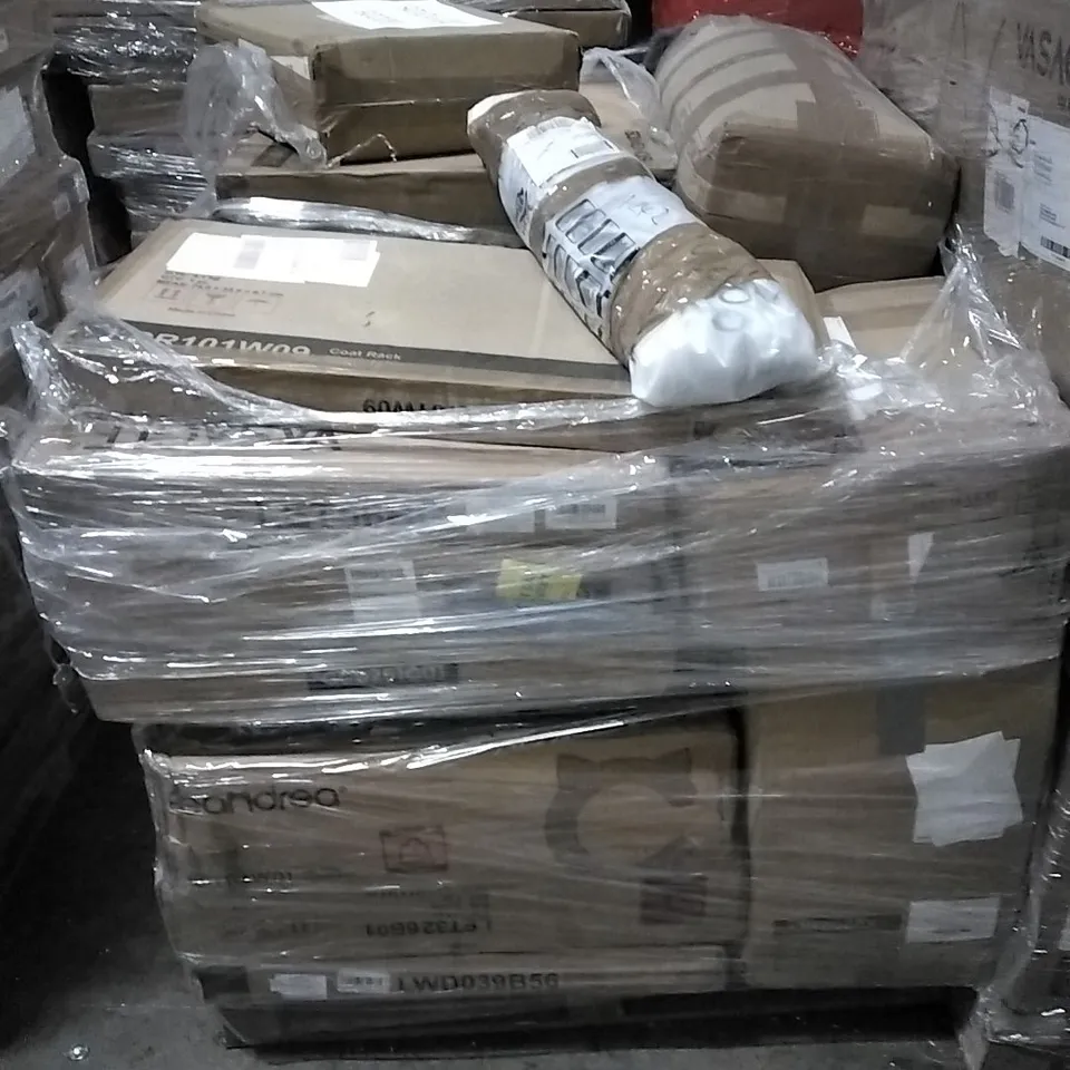 PALLET OF HOUSEHOLD ITEMS TO INCLUDE COAT RACK, MAILBOX, PET BED, CAT TREE AND OTHER ASSORTED ITEMS...