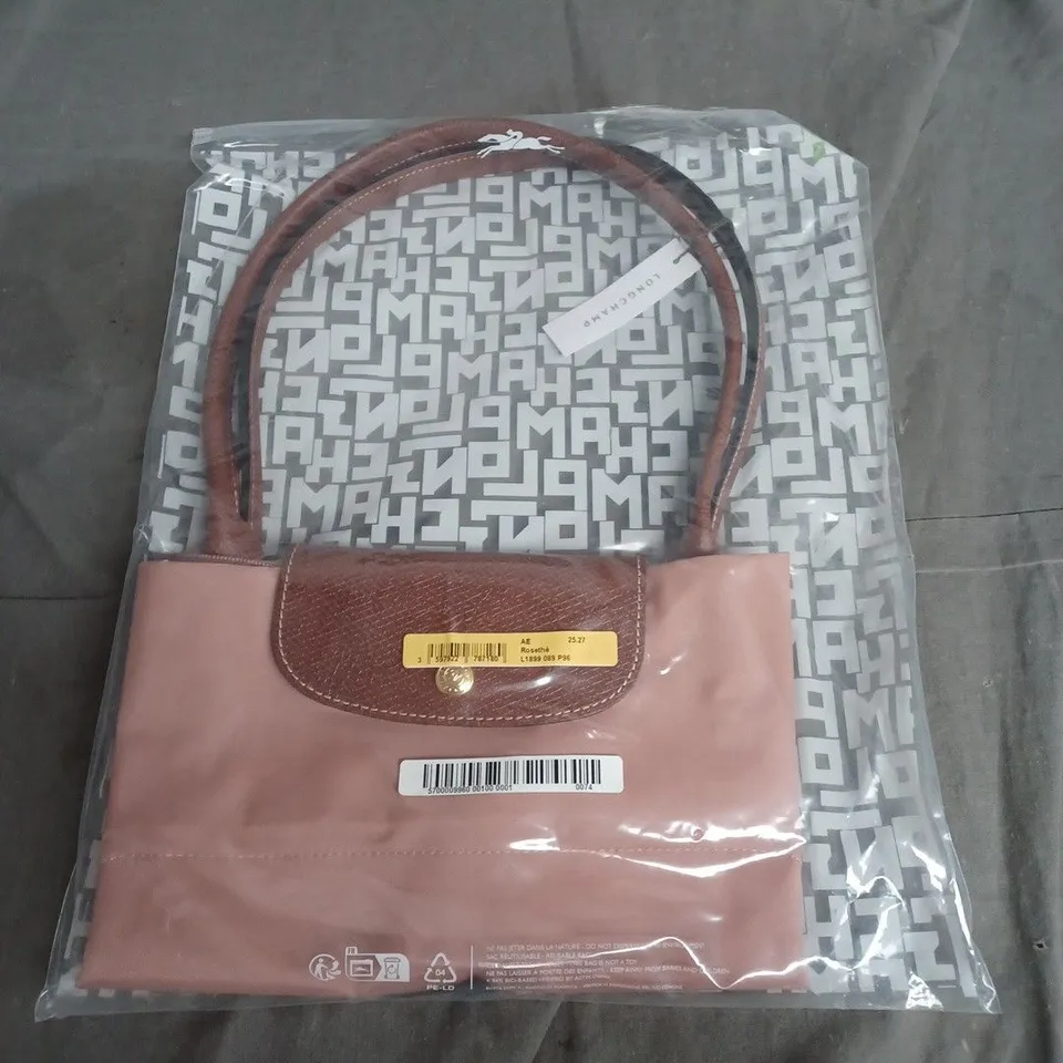 LONGCHAMP HANDBAG – PINK WITH BROWN LEATHER TRIM