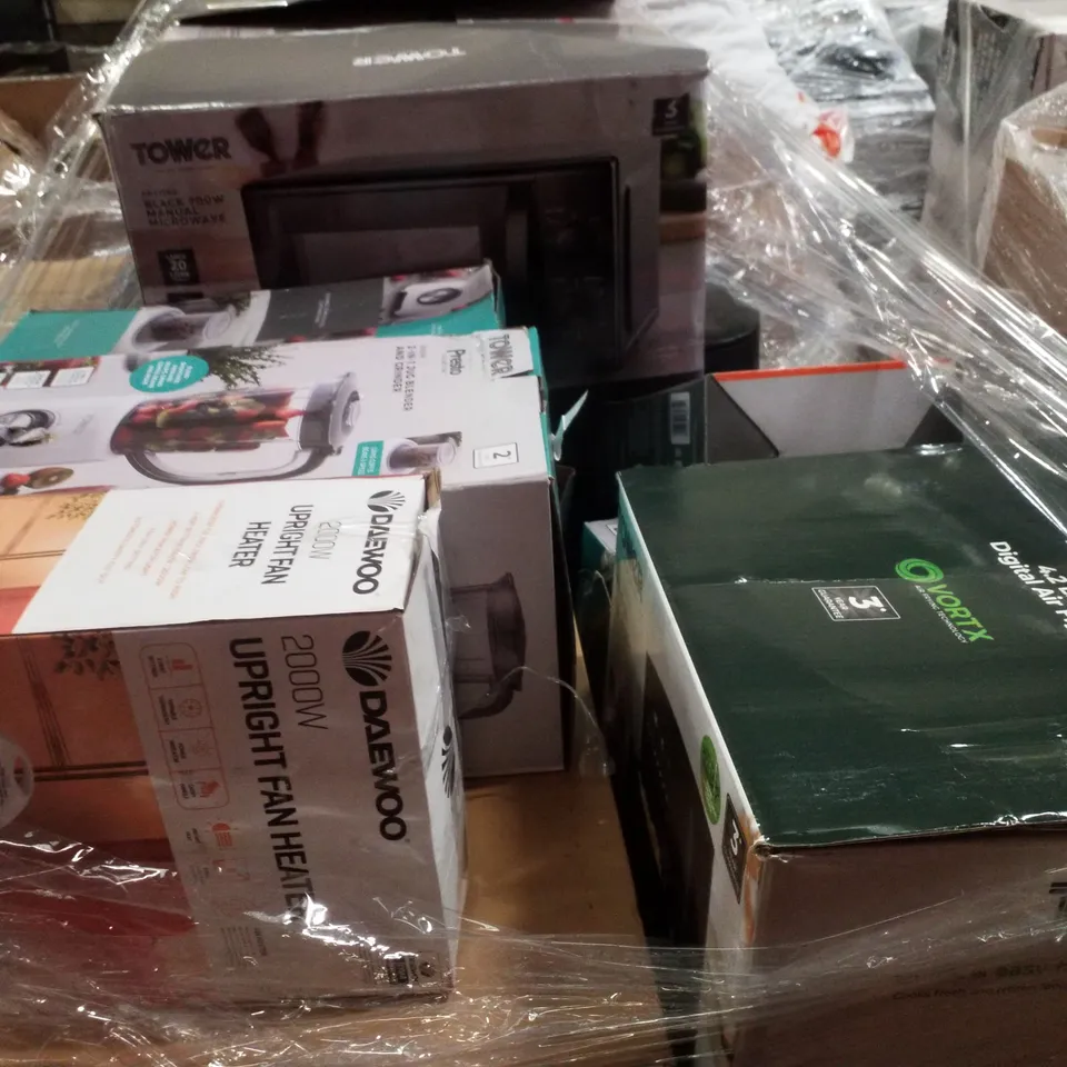 PALLET CONTAINING ASSORTED ELECTRICAL PRODUCTS INCLUDING AIR FRYERS, FAN HEATERS, MICROWAVES & 2-IN-1 JUG BLENDER AND GRINDER