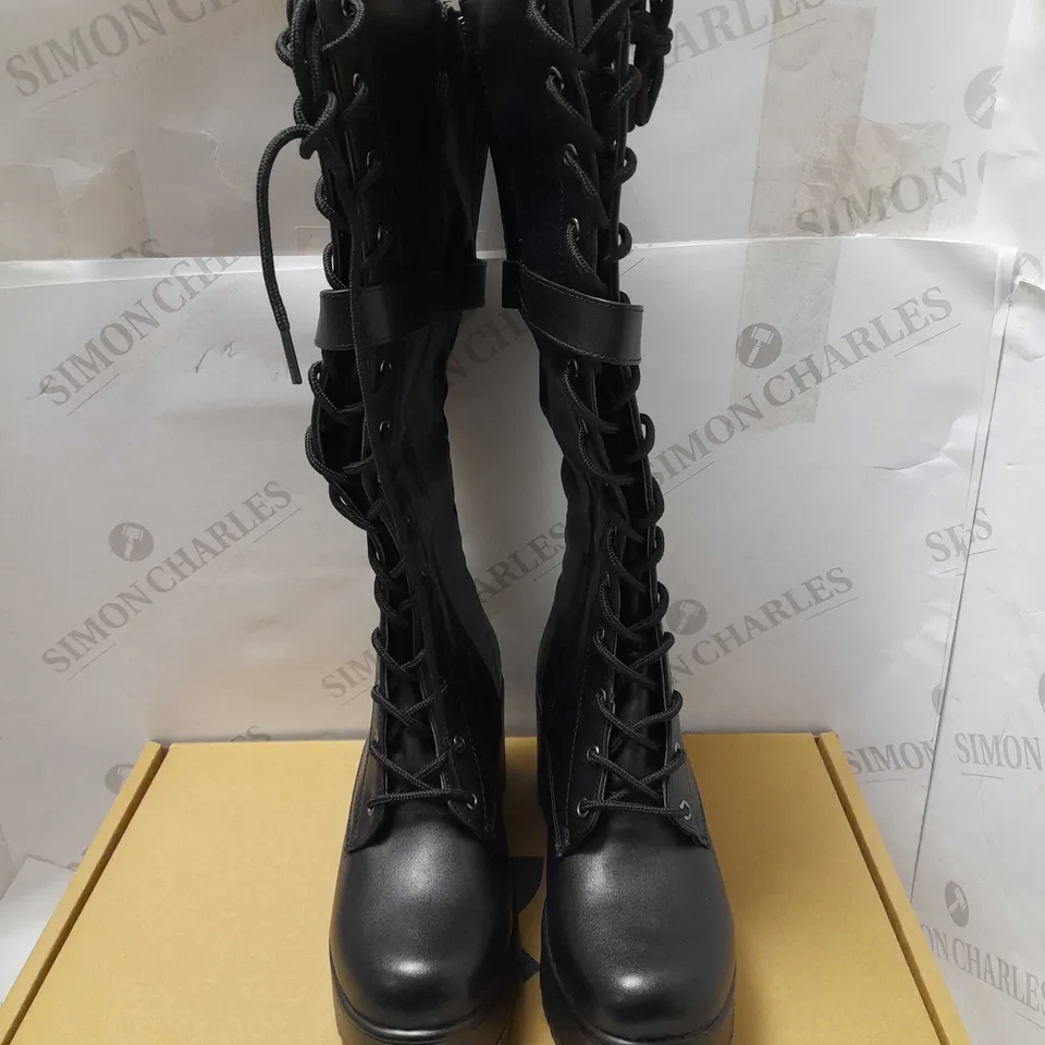 KOI CYRAX CHUNKY KNEE HIGH BUCKLE BOOTS, BLACK - SIZE 4