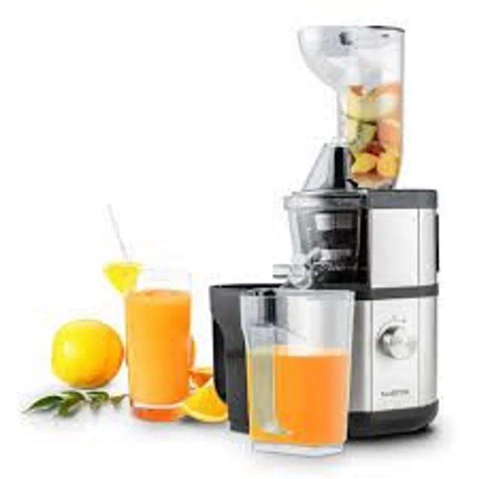 BOXED SLOW JUICER WHOLE FRUIT JUICE SEED LESS ELECTRIC 1L 2 JARS 400W STAINLESS STEEL