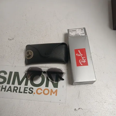 RAY-BAN SUNGLASSES – CLEAR FRAME WITH SILVER RIM, LOGO ON LENS 