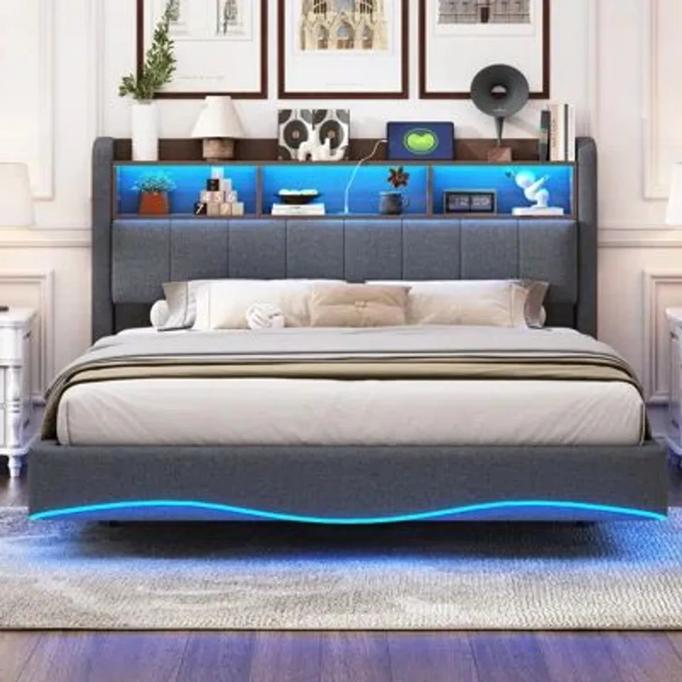 BOXED UPHOLSTERED PLATFORM BED - STORAGE BED -LED LIGHTING (2 BOXES)