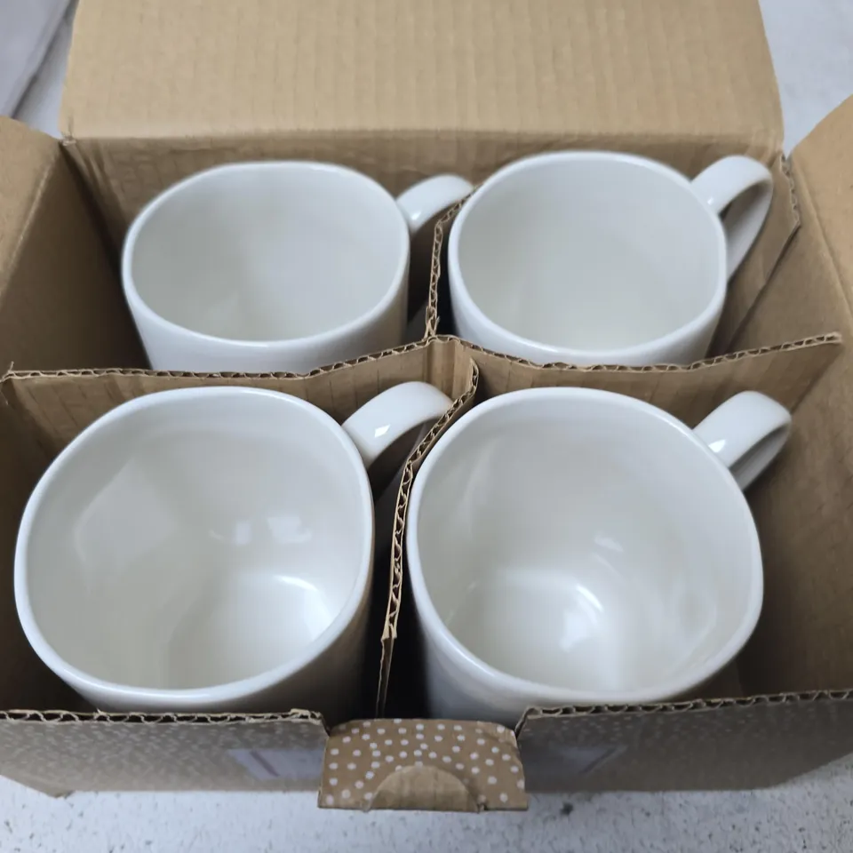 SET OF 4 WHITE CERAMIC MUGS, BOXED