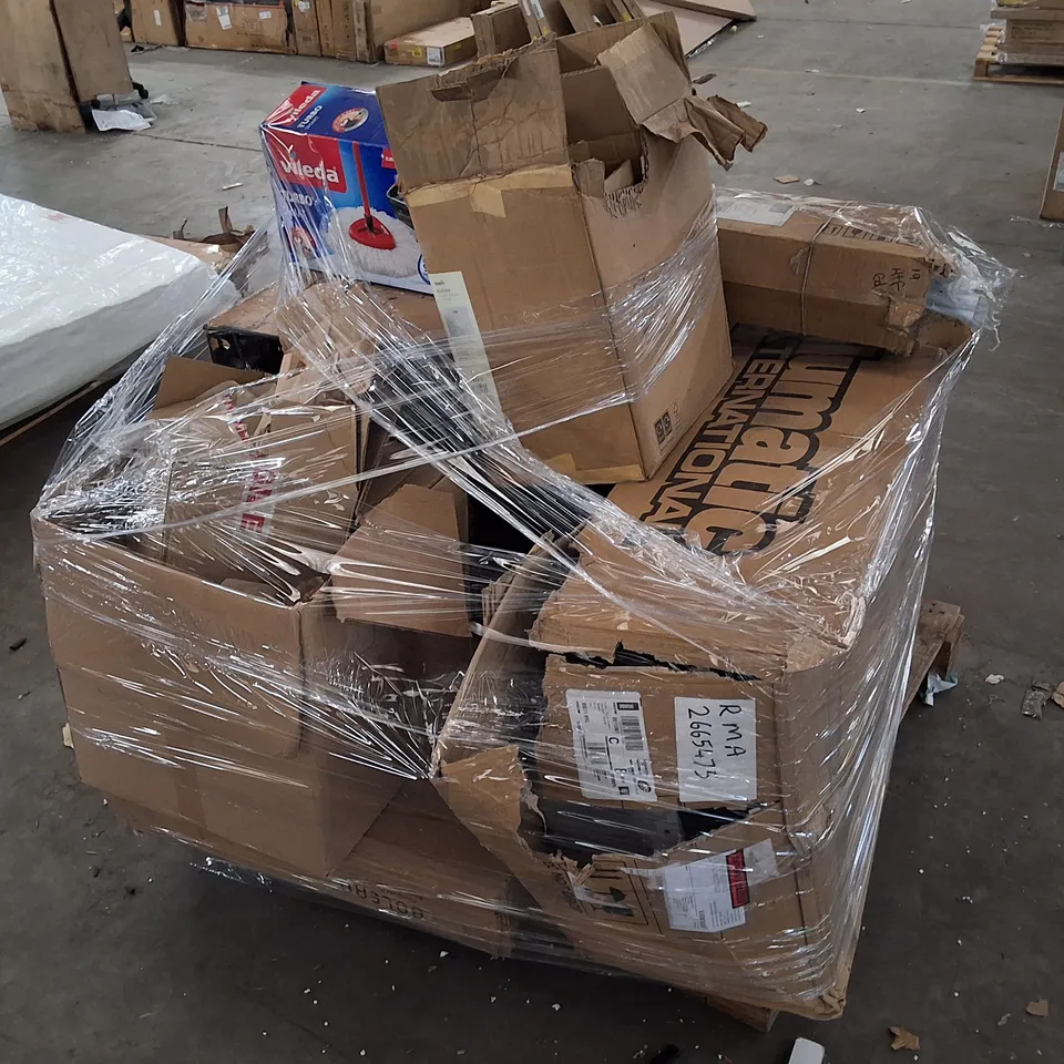 PALLET CONTAINING ASSORTED PRODUCTS INCLUDING INGREDIENT BIN, GAZEBO & VILEDA TURBO SMART SPIN MOP