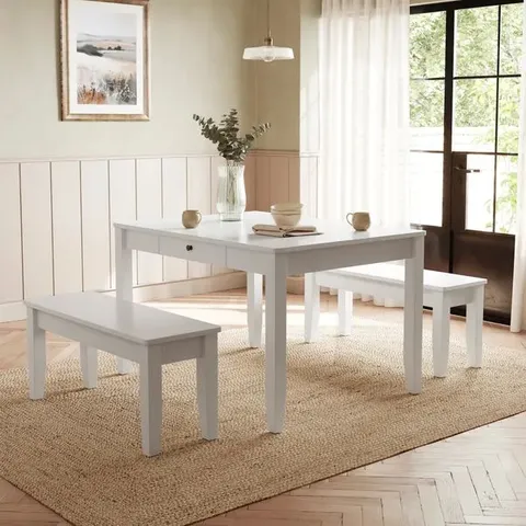 BOXED LYNTON 4 SEATER DINING TABLE AND BENCH SET - WHITE (2 BOXES)