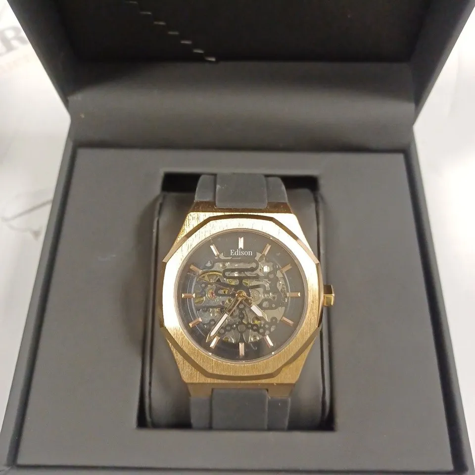 EDISON BRUSHED COPPER FINISH SKELETON BLACK RUBBER STRAP WRISTWATCH