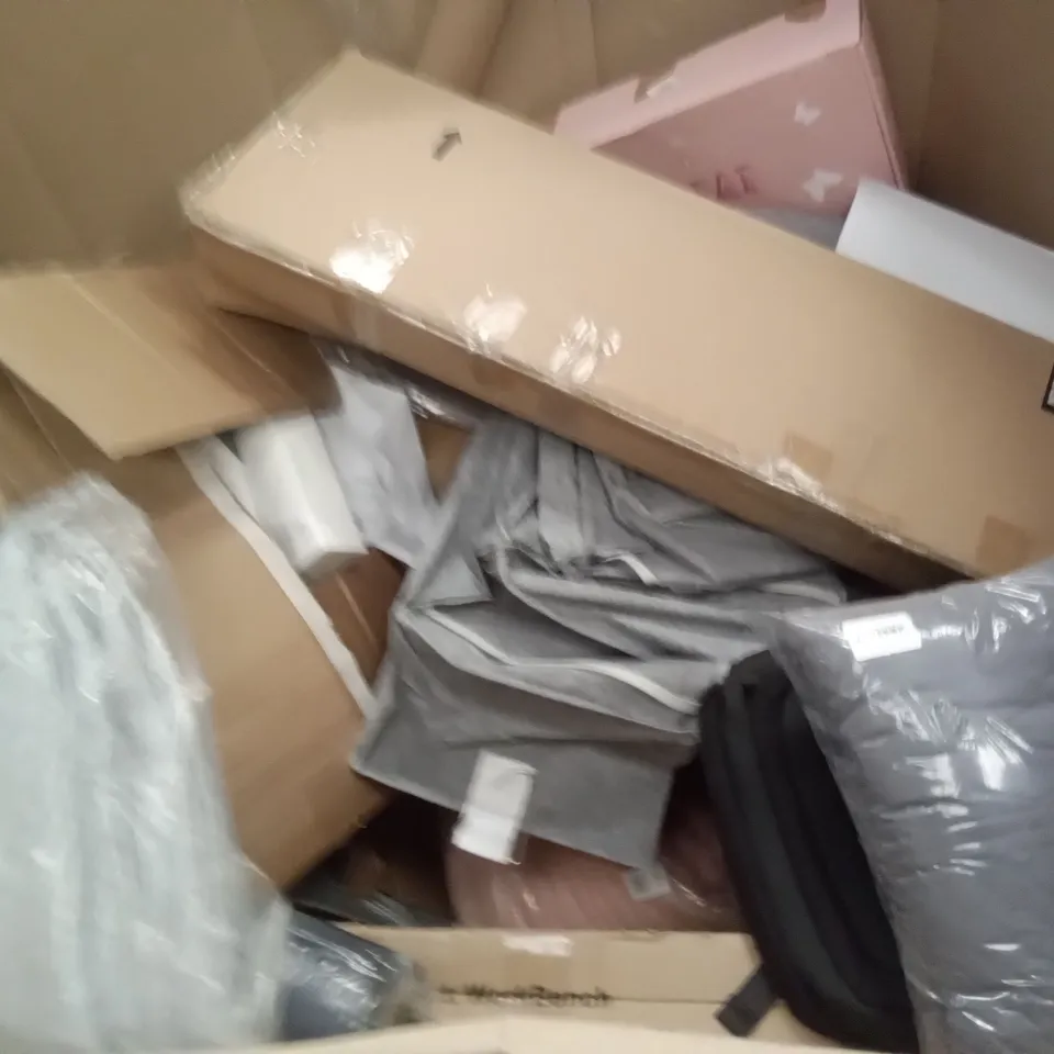 PALLET OF ASSORTED ITEMS INCLUDING LAPTOP BED TRAY TABLE, 4 DRAWER STORAGE UNIT, WINDOW BLINDS, FRILL PATIO UMBRELLA, WORK BENCH