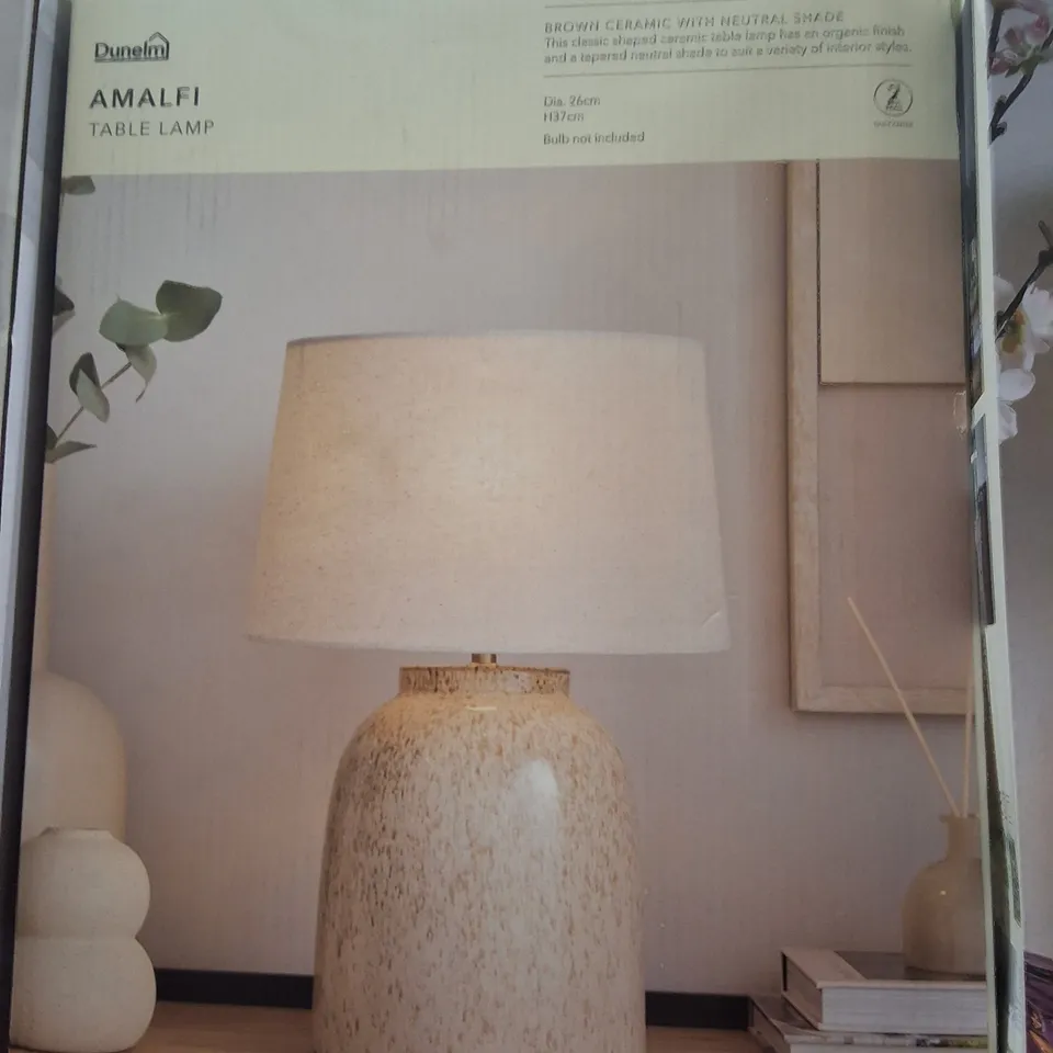 BOXED DUNELM AMAFI TABLE LAMP – BROWN CERAMIC BASE WITH NEUTRAL SHADE