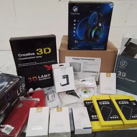 BOX CONTAINING LARGE AMOUNT OF BOXED ELECTRICAL ITEMS TO INCLUDE: GAMING HEADPHONES, LED LAMPS, CHARGING CABLES, SCREEN PROTECTION COVERS, ETC.