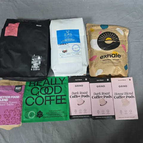LOT OF 8 ASSORTED PACKS OF COFFEE TO INCLUDE COTSWOLD, GRIND AND EXHALE