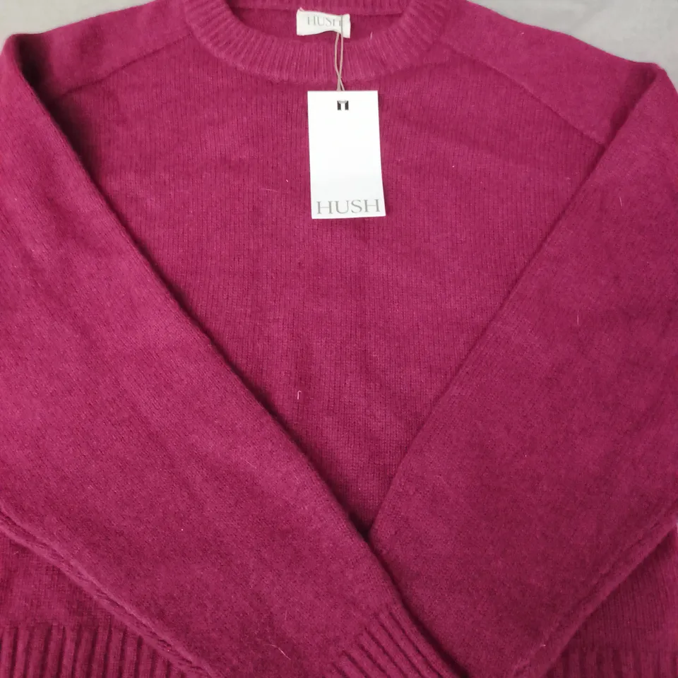 HUSH NINA MERINO WOOL CREW NECK LONG SLEEVE JUMPER IN BURGUNDY RED SIZE SMALL