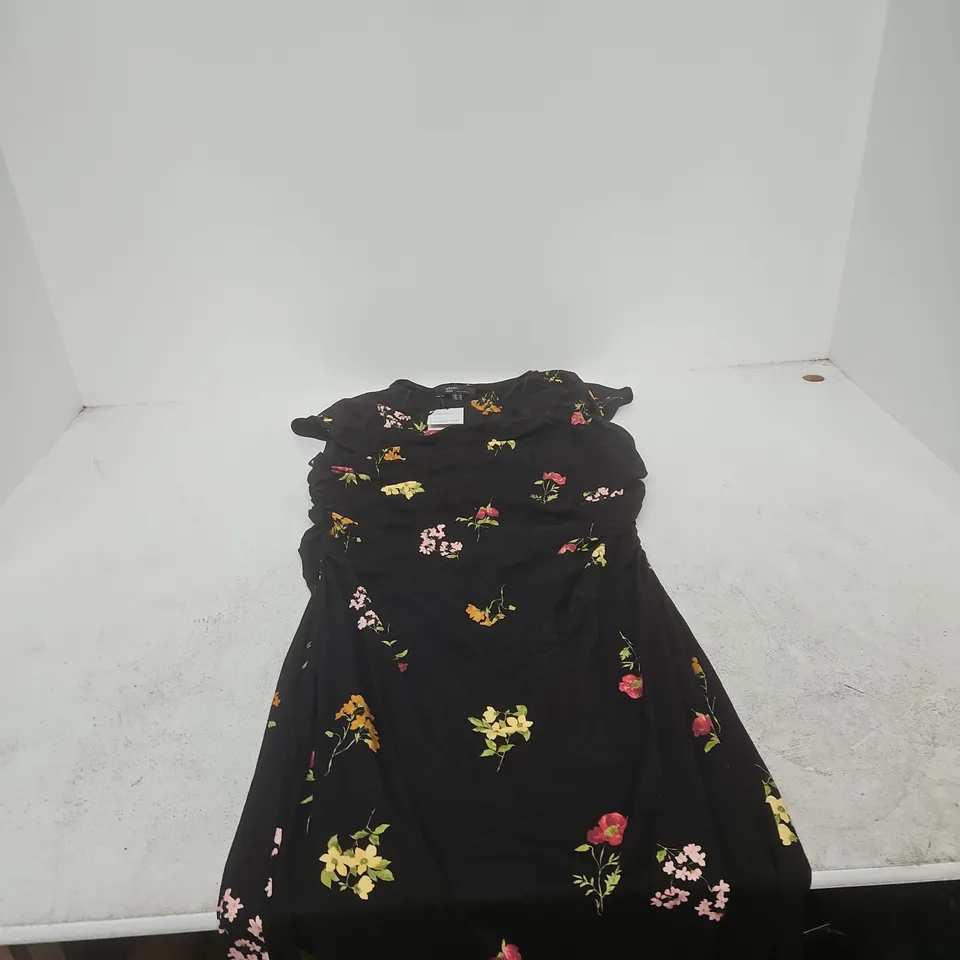 NOBODY'S CHILD BLACK FLORAL PRINT DRESS, UK 16 (EU 44, USA 12) – MADE IN MOROCCO