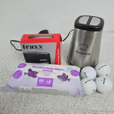 APPROXIMATELY 15 ASSORTED HOUSEHOLD ITEMS TO INCLUDE TRAXX PRINTER, GOLFBALLS, SENSITIVE BABY WIPES, ETC