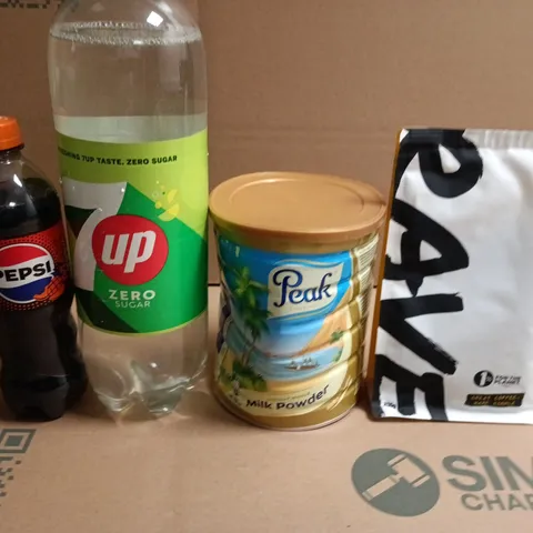 APPROXIMATELY 5 ASSORTED FOOD & DRINK ITEMS TO INCLUDE PEPSI MAX 7UP AND COFFEE