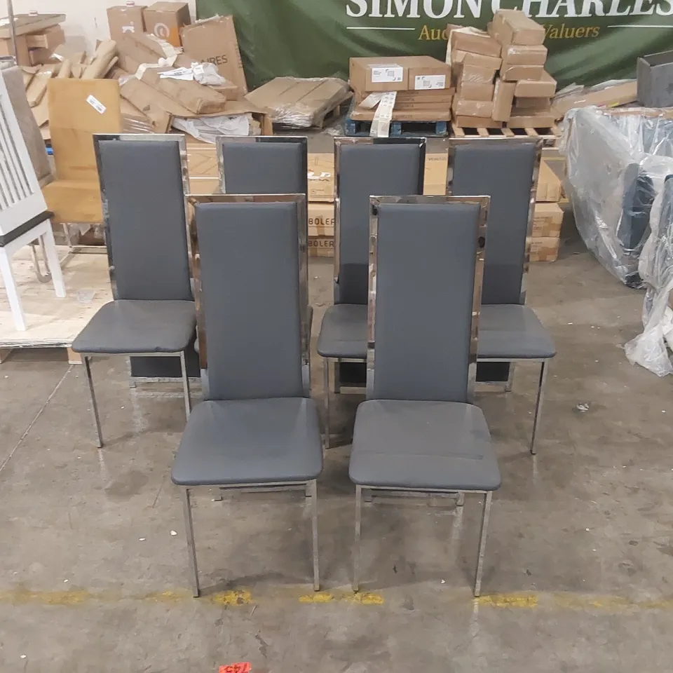 SET OF 6x CELESTE DINING CHAIR, GREY CLASSIC FAUX LEATHER & CHROME