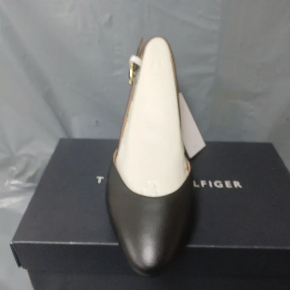 BOXED PAIR OF TOMMY HILFIGER PUMP SLINGBACK SMOOTH LEATHER HEELS IN BLACK - SIZE 37