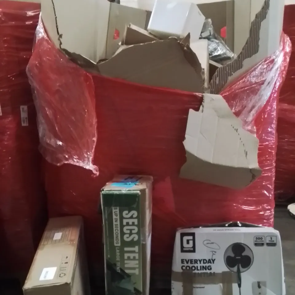 PALLET OF ASSORTED HOUSEHOLD GOODS AND PRODUCTS TO INCLUDE;FAN,TENT,CEILING FAN