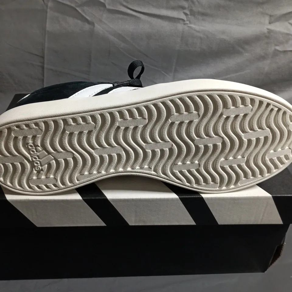 BOXED PAIR OF ADIDAS BLACK SUEDE SNEAKERS WITH WHITE STRIPES – UK SIZE 6 - WOMENS 