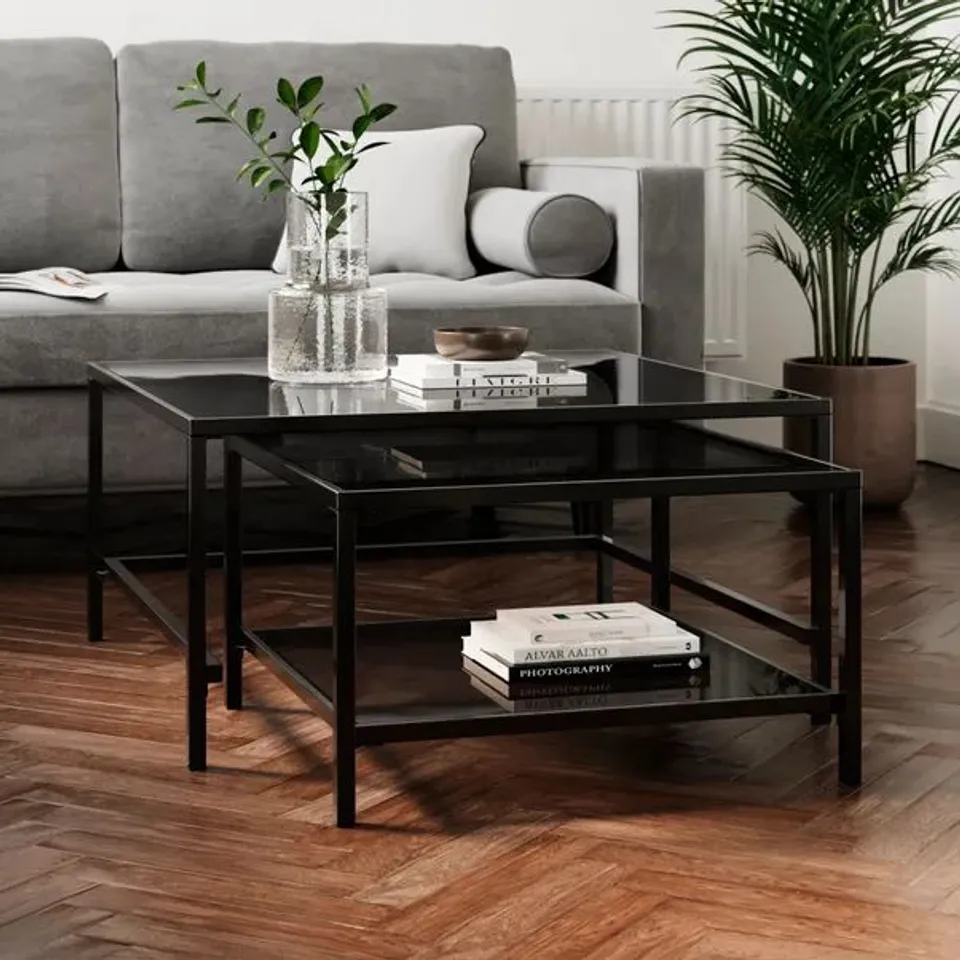 BOXED SOFIA GLASS NEST OF SQUARE COFFEE TABLES - BLACK (1 BOX)