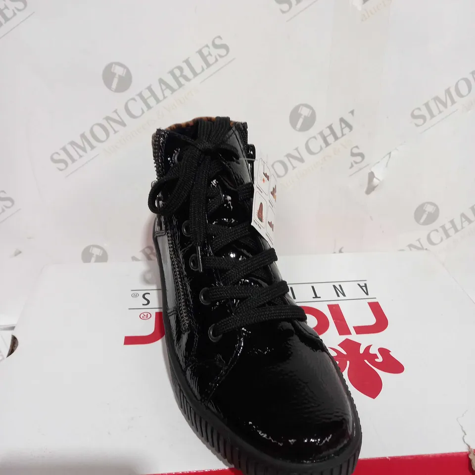 BOXED PAIR OF RIEKER BROWN HIGH TOP LEOPARD CUFF TRAINERS BLACK - SIZE 5 