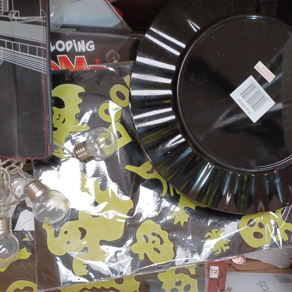 BOX OF APPROXIMATELY 20 ASSORTED HOUSEHOLD ITEMS TO INCLUDE E-READER CASE, HALLOWEEN BUNTING, ETC