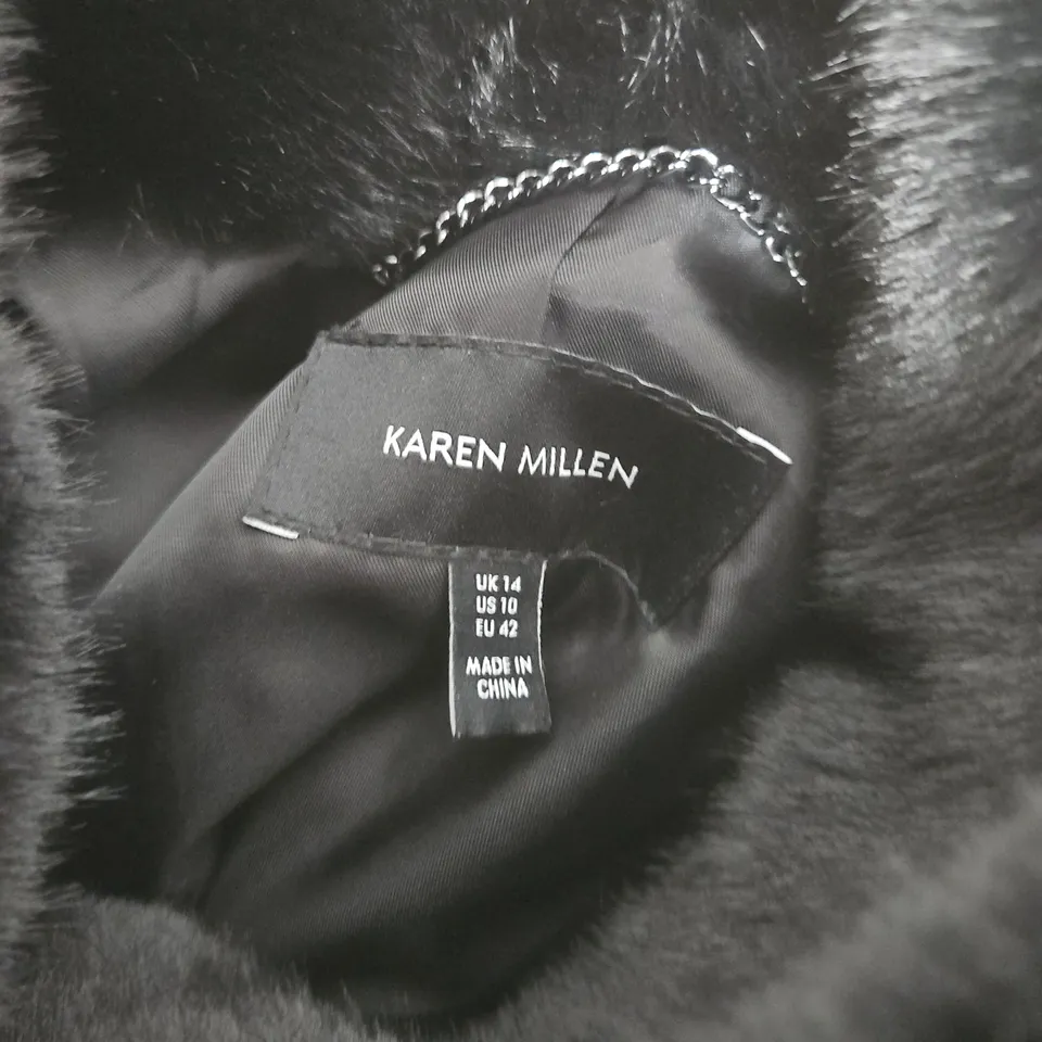 KAREN MILLEN BLACK FAUX-FUR COAT, UK 14