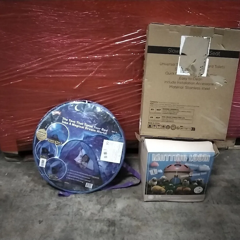 PALLET OF ASSORTED PRODUCTS AND HOUSEHOLD GOODS TO INCLUDE;TOILET SEAT,KNITTING LOOM,POP UP TENT