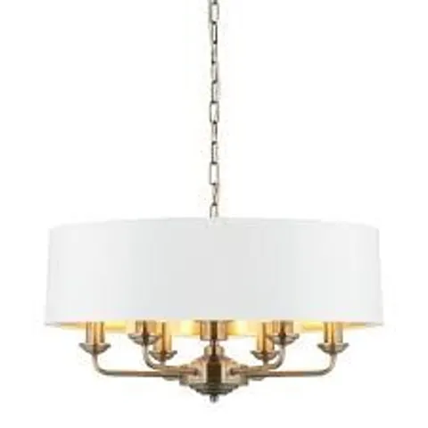 BOXED ENDON 98933 HIGHCLERE 6 LIGHT PENDANT ANTIQUE BRASS PLATE & VINTAGE WHITE FABRIC
