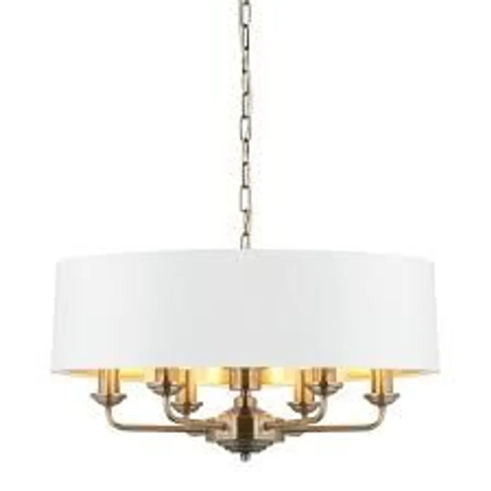 BOXED ENDON 98933 HIGHCLERE 6 LIGHT PENDANT ANTIQUE BRASS PLATE & VINTAGE WHITE FABRIC