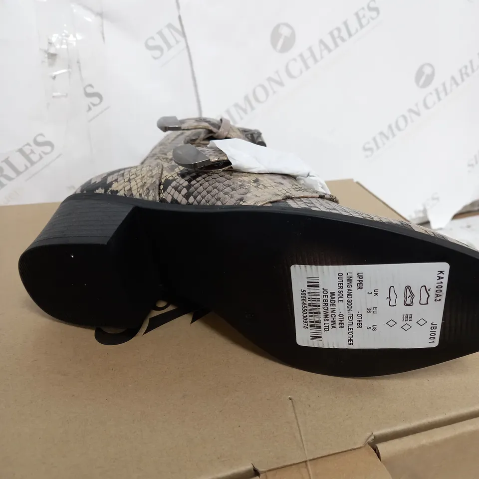 BOXED JOE BROWNS LOW HEEL BOOTS SNAKE SKIN - UK SIZE 3