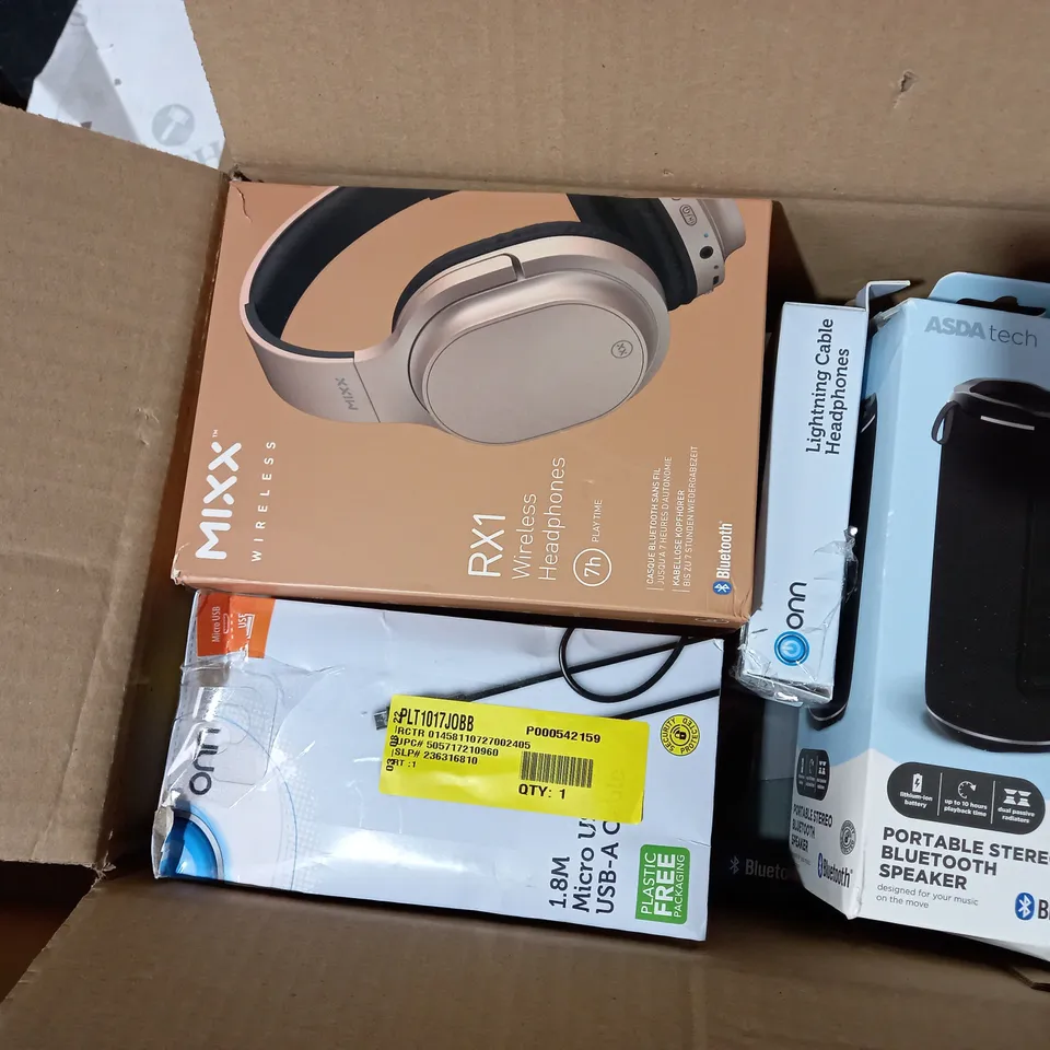LOT OF APPROX. 10 X ITEMS TO INCLUDE MIXX RX1 WIRELESS HEADPHONES, ASDA TECH PORTABLE BLUETOOTH SPEAKER, ASDA TECH BLUETOOTH QI CHARGING ALARM CLOCK, ETC. 