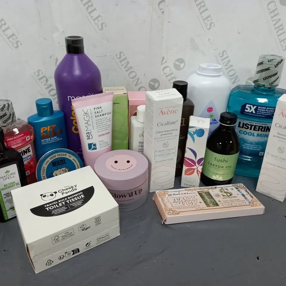 APPROXIMATELY 20 ASSORTED COSMETICS ITEMS TO INCLUDE TROPIC LIQUID RADIANCE SERUM FOUNDATION (30ml), LIFE SUPPLIES MAVERICK TOOTHPASTE FRESH MINT (70ml), MATRIX COLOUR OBSESSED SHAMPOO (1L), ETC