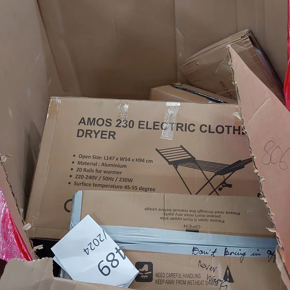 PALLET OF ASSORTED HOUSEHOLD ITEMS AND CONSUMER PRODUCTS. INCLUDING BLADELESS PURIFIER & HEATER FANS, TOOLESS KITCHEN STORAGE SHELF UNIT, ELECTRIC STOVE, ELECTRIC CLOTHES DRYER ETC