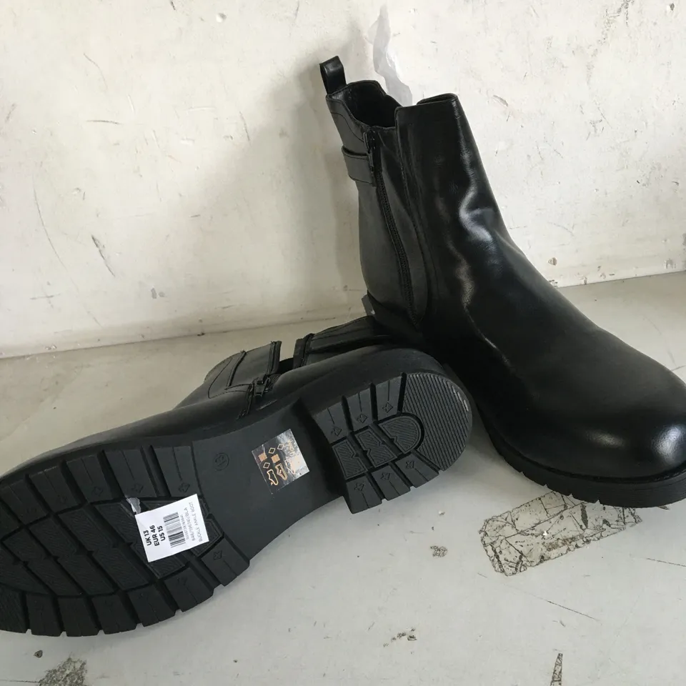 PAIR OF SIZE 13 BLACK FAUX LEATHER BUCKLE ANKLE BOOTS