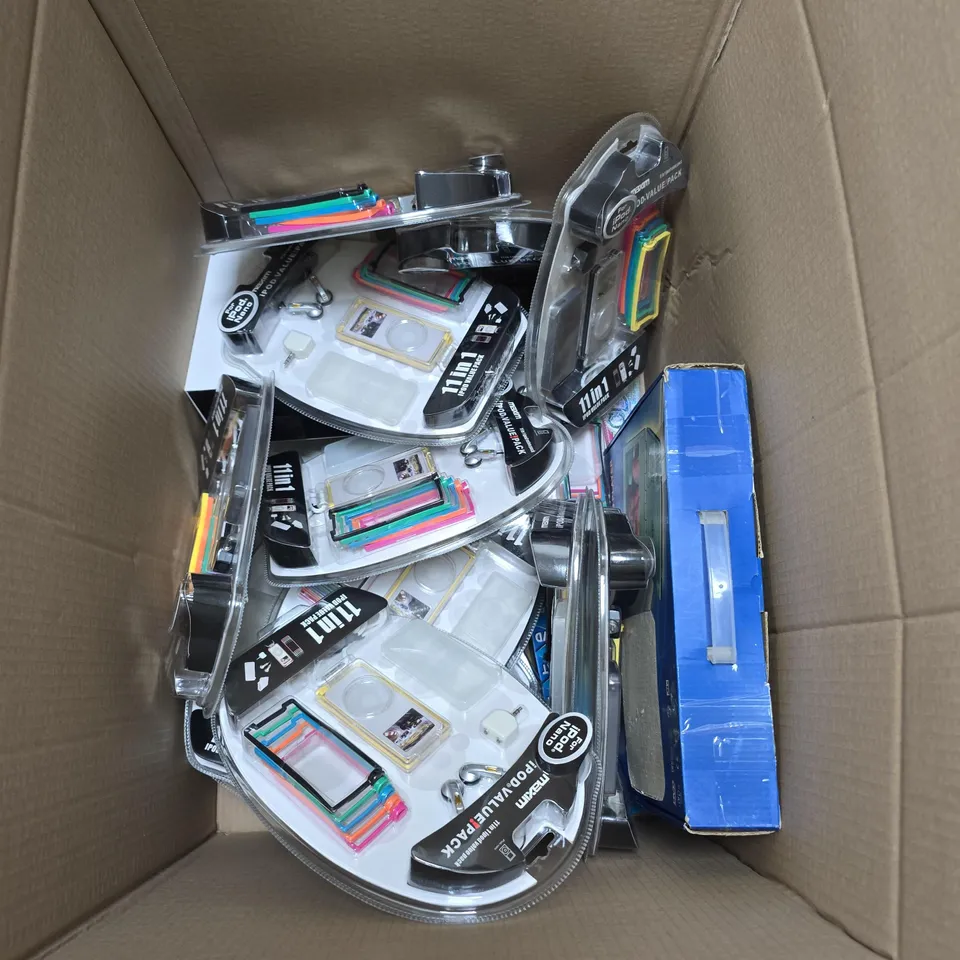 BOX OF APPROXIMATELY 20 HOUSEHOLD ITEMS TO INCLUDE UNIVERSAL REMOTE CONTROLS, IPOD VALUE PACKS AND A SIGNAL BOOSTER