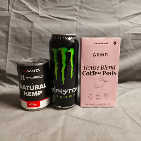 BOX OF APPROXIMATELY 10 ASSORTED FOOD AND DRINK ITEMS TO INCLUDE MONSTER ENERGY DRINK, GRIND HOUSE BLEND COFFEE PODS, ETC