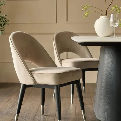 BOXED SET OF 3 DANETTI CLOVER CHAMPAGNE VELVET DINING CHAIRS WITH STAINLESS STEEL CAPS