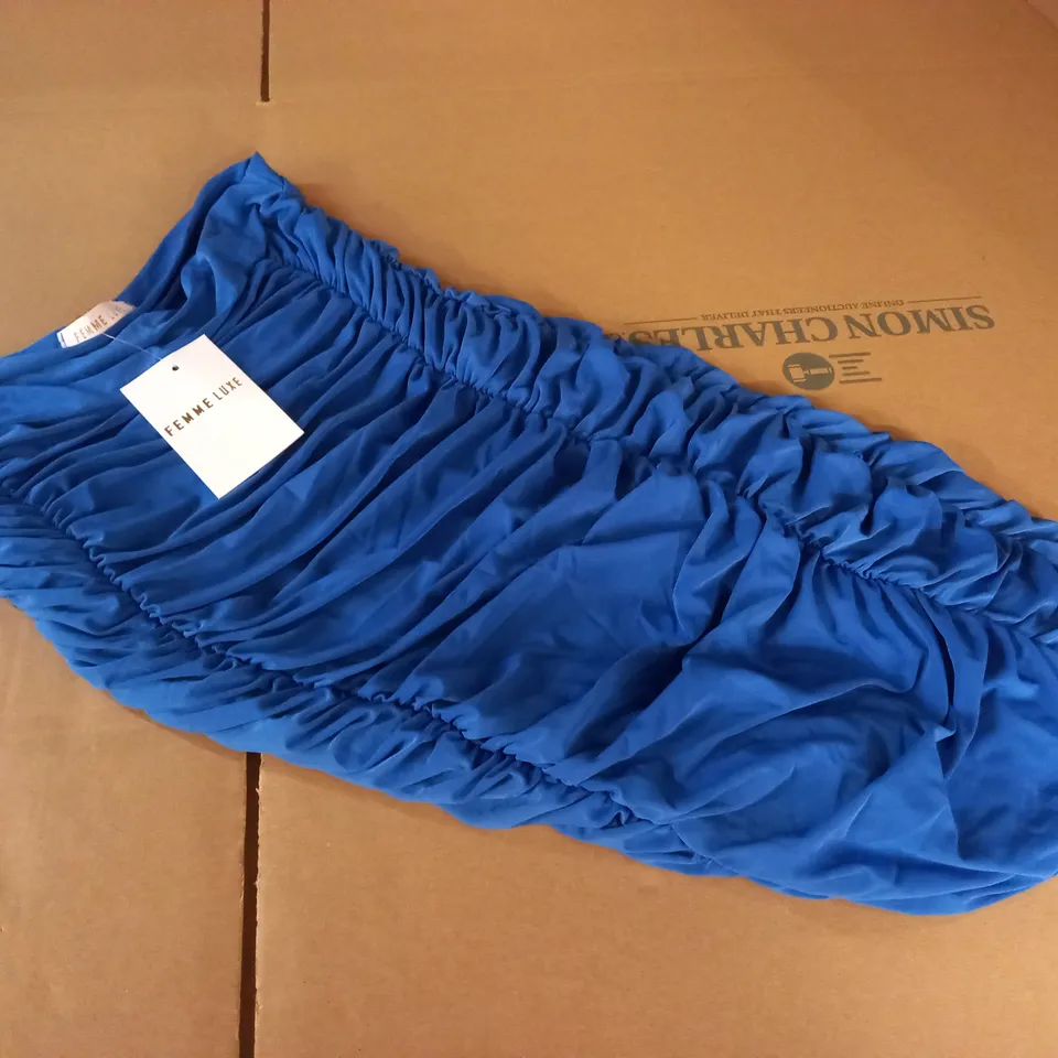 FEMMELUX ROYAL BLUE SLINKY RUCHED STRAPLESS BODYCON DRESS IN BLUE - 6