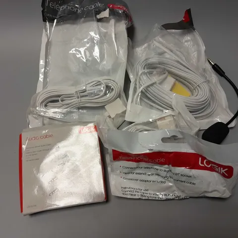 APPROXIMATELY 5 ASSORTED ELECTRICAL ITEMS TO INCLUDE HEADSET MICROPHONES, TELEPHONE CABLES, AUDIO CABLE, ETC