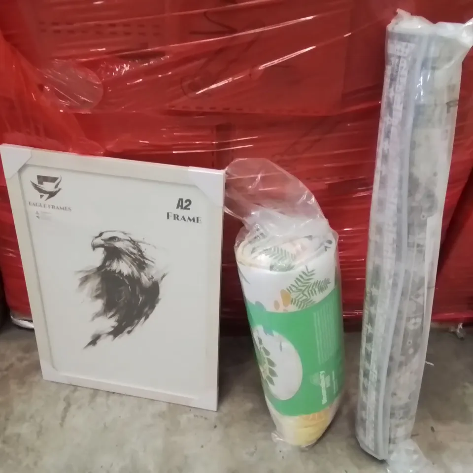 PALLET OF ASSORTED HOUSEHOLD GOODS AND PRODUCTS TO INCLUDE;PICTURE FRAME,AREA RUG,NAP MAT