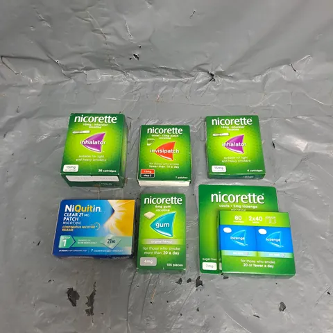 APPROXIMATELY 15 ASSORTED SMOKING PREVENTION AIDS TO INCLUDE NICORETTE GUM, NICORETTE INVISIPATCH, NICOTINELL LOZENGES