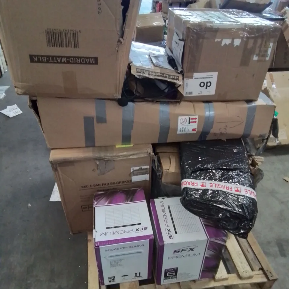 PALLET CONTAINING VARIOUS BOXED FURNITURE PARTS AND OTHER HOUSEHOLD ITEMS ETC.