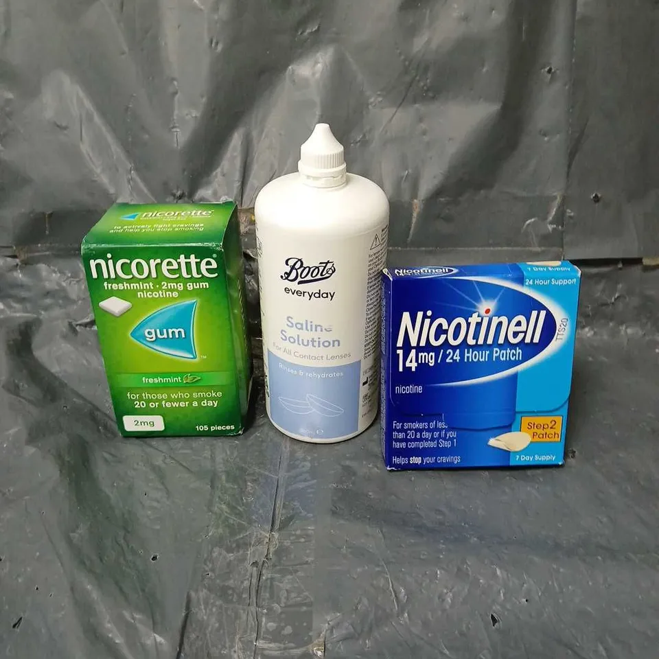 APPROXIMATELY 15 HEALTH AND BEAUTY PRODUCTS TO INCLUDE NICORETTE GUM, SALINE SOLUTION AND NICOTINELL PATCHES