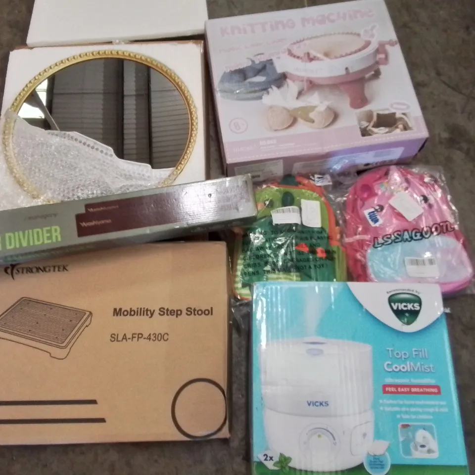 PALLET OF ASSORTED HOUSEHOLD ITEMS TO INCLUDE BAMBOO DRAWER DIVIDER, KNITTING MACHINE AND VICKS COOLMIST