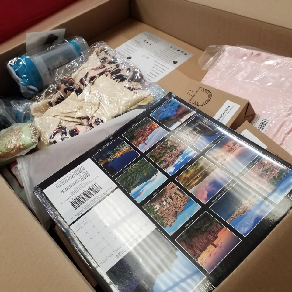 PALLET OF 6 BOXES CONTAINING ASSORTED PRODUCTS INCLUDING BIRTHDAY DECORATIONS, TOILET BRUSH, TUSCANY 2024 CALENDAR, SOURDOUGH KIT, SURPRISE EGG TOY, ARMREST STORAGE BOX